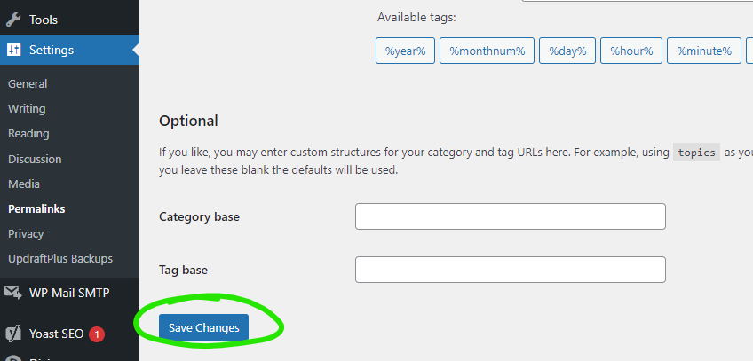 The Save Changes button is shown in the Permalinks area of the WordPress dashboard.