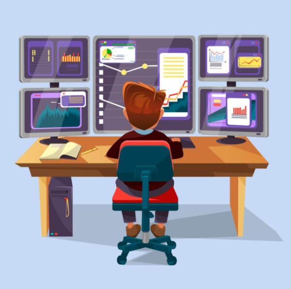 A cartoon man sits at a desk working on a computer with several screens.