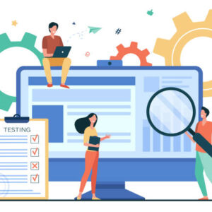 Web developers work on laptops while another figure holds a magnifying glass to a screen, signifying the QA process.